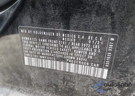 2021 Volkswagen Jetta 1.4T R-Line/1.4T S/1.4T Se from USA, damaged, VIN 3VWC57BU1MM039915